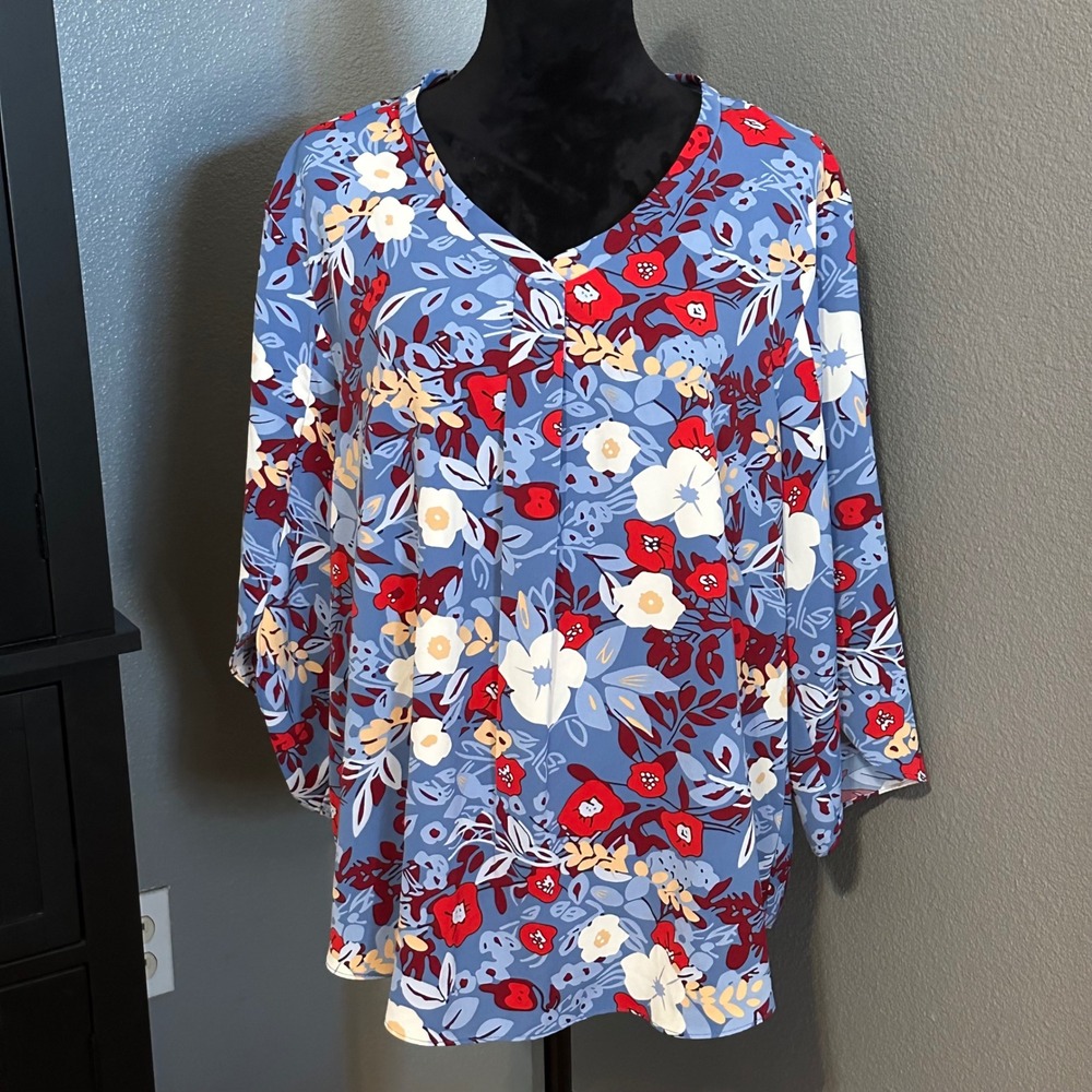 Aodemo Blouse 2XL Plus Blue Floral V‎ Neck Tunic Top Stretch 3/4 Sleeve Boho